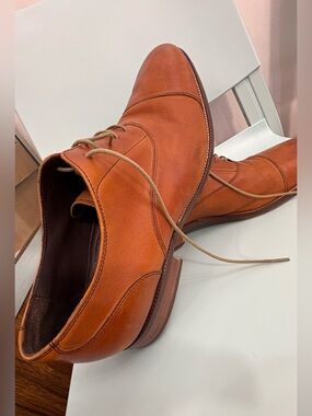 Cole Haan Tan Leather Cap-Toe Oxfords with Light Green Laces